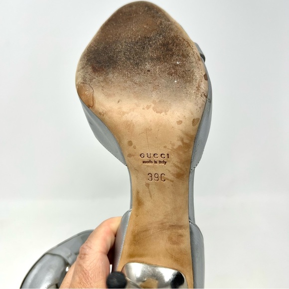 GUCCI Silver Leather Horsebit Open Toe Pumps Size 39 authentic Preowned - Picture 8 of 8